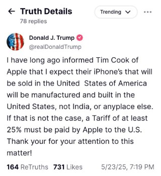 特朗普对苹果公司发出关税威胁：美国iPhone如非美国造，征税至少25%！