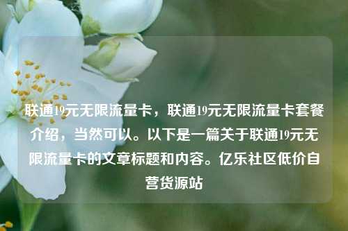 联通19元无限流量卡	，联通19元无限流量卡套餐介绍，当然可以	。以下是一篇关于联通19元无限流量卡的文章标题和内容。亿乐社区低价自营货源站  第1张